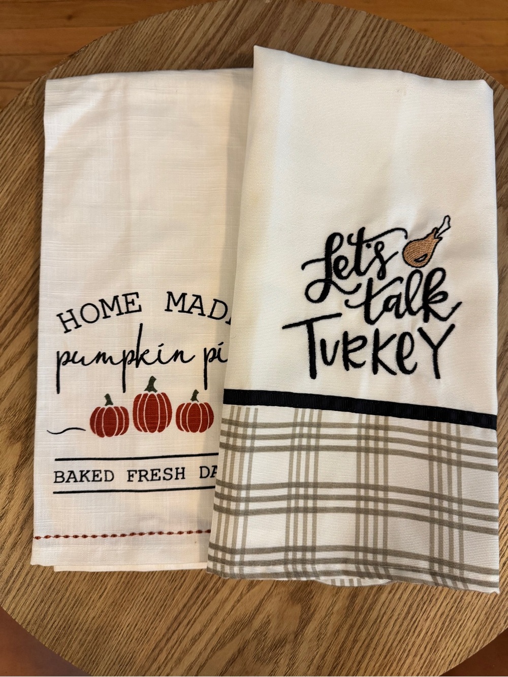 New! Let's Talk Turkey & Pumpkin Pie Holiday Kitchen Towels - White